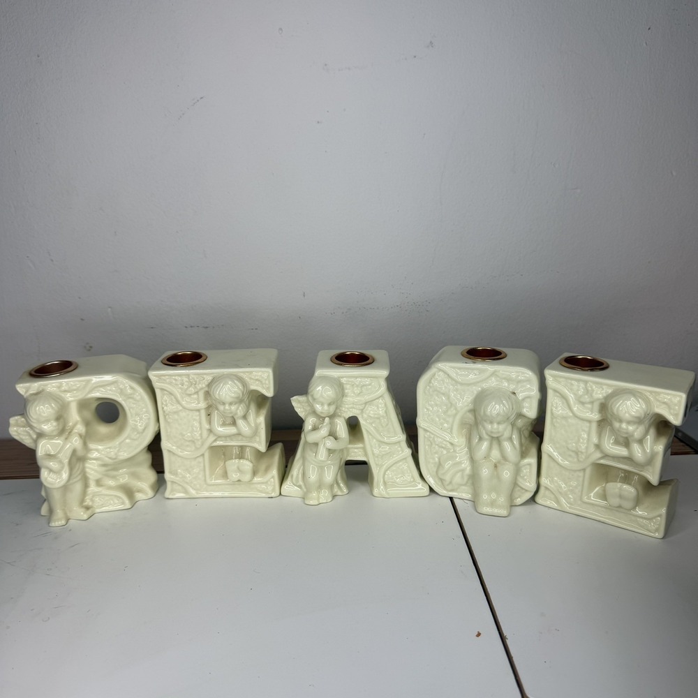 Angel Peace 5 Pc Set Quality Porcelain Cherub Candle Holder Ceramic Cream 3.5''